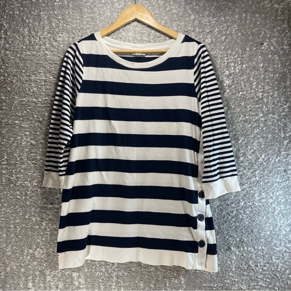 J. Jill Organic Cotton Navy Striped‎ Buttons Blouse Large Long Sleeve Nautical